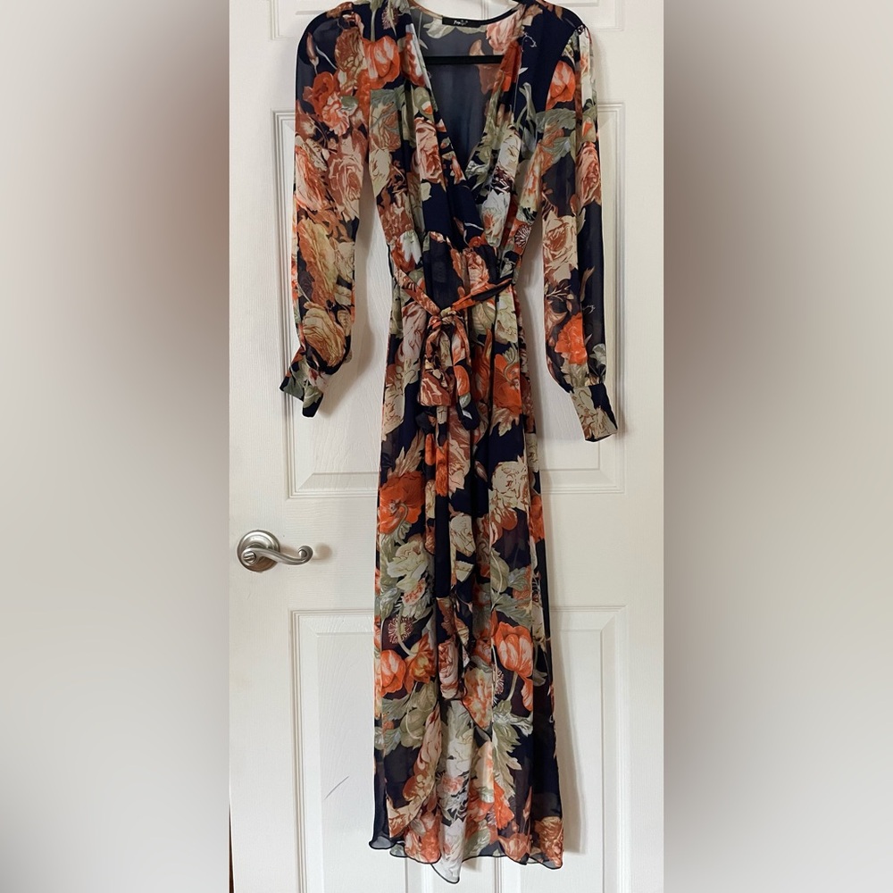 Floral Long Sleeve Maxi Dress - Blue & Orange